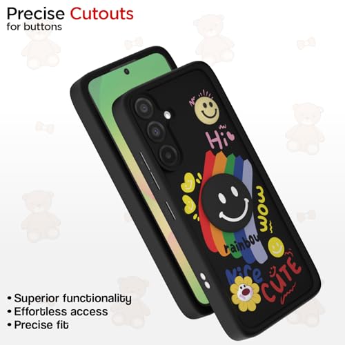Image of Pikkme Back Cover for Samsung Galaxy A56 5G | Soft Silicone| Cute Rainbow Smile & 3D Cartoon Flower Design | Shockproof Raised Camera Protection Bumper Case (Black)
