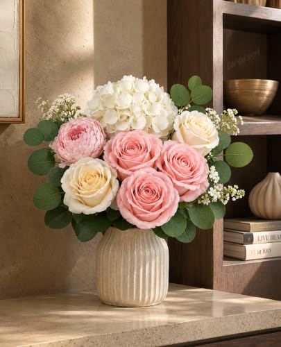 Image of Divyakosh Artificial Flowers Bunch (Vase Not Included). Artificial Flower for Vase, Flower Bouquet Gift, Pink Rose Peony Hydrangea Arrangement for Living Room Office Dining Table Centerpiece