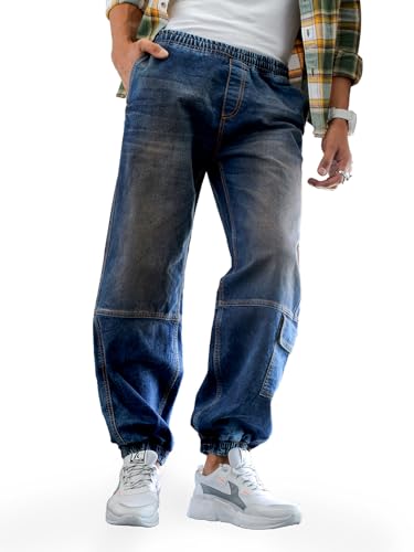 Image of The Indian Garage Co Men Loose Fit Solid Mid-Rise Stretchable Denim Joggers