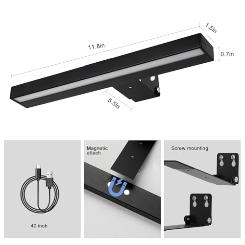Image of Picture Light, Rechargeable Picture Light for Paintings, Wireless Picture Frame Light, 3 Lighting, 12Inch Battery Operated Art Light for Display, Picture-Black