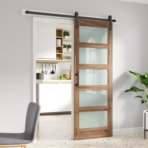Image of FREDBECK 30in x 80in inch Glass Barn Door with 5.5FT Barn Door Hardware Kit with Handle Included,5-Panel Frosted Glass,Wood Panel,Water-Proof Surface,Need Assembly