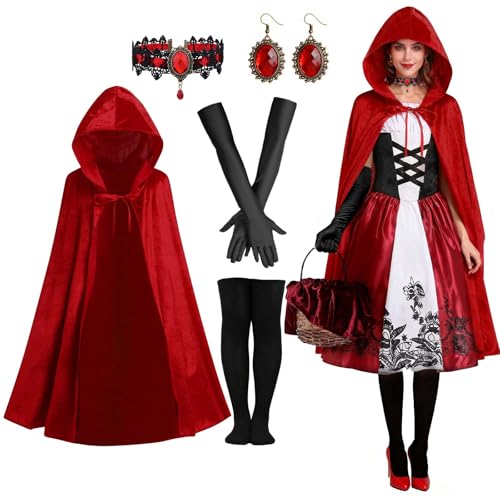 Damen Rotkäppchen Kostüm, Rotkäppchen Umhang mit Kapuze, Halskette, Ohrringe, Strümpfe, Handschuhe, Little Red Riding Hood Outfit, Erwachsene...