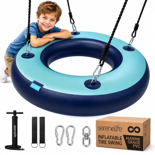 SereneLife 36 Inflatable Tire Swing with Hang Kit 600lbs Capacity Heavy Duty Tire Swing with UV and Puncture Resistance 360 Swivel Hand Pump Adjustable Ropes Carry Bag Hangs on Trees and Posts