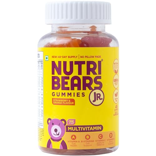 Image of NutriBears Kids Multivitamin Gummies with Vitamins A, C, B, D, and Zinc, 45 Gummy Bears, No Pillow Pack, Strawberry and Orange Flavour, Supports Daily Wellness and Immune System Support