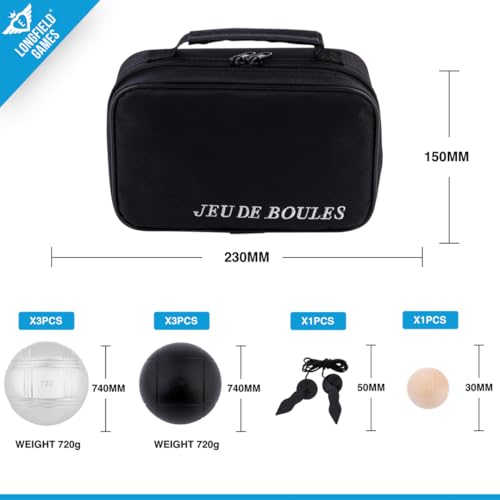 Engelhart - 010207 - Boules-Spiel 2 x 3 Schwarze und Graue - 74 mm - Triplette - Pétanque-Spiel - 6 Boules Pétanque, Nylon-Tasche, Maßband, Cochonnet - 2 Spieler - Ab 6 Jahren