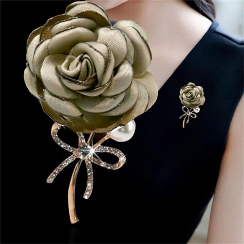 Image of WCRAZYE Elegant Rose Flower Brooch Pin for Women Men Wedding Party Gentleman's Essentials Handmade Crystal Pearl Fabric Flower Lapel Pin Dress Suit Accessories Boutonniere Ideas Gift Valentine's Day