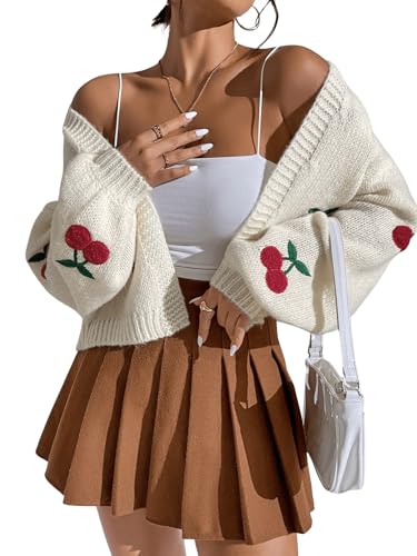 GORGLITTER Women's Cherry Cropped Cardigan Sweaters Open Front Long Sleeve Cute Chunky Knit Short Cardigan Trendy4