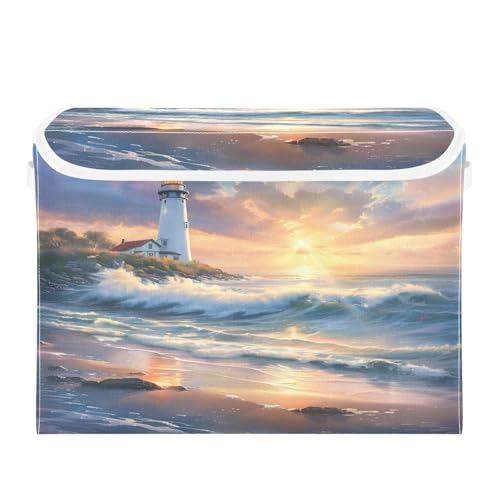 Image of senya Large Storage Bins with Linen Collapsible Foldable Storage Cubes Fabric Closet Organizer Containers box with Flip-Top Lid for Home Bedroom Office 16.7 x 12.6 x 11.8in (Seaside Scenery)
