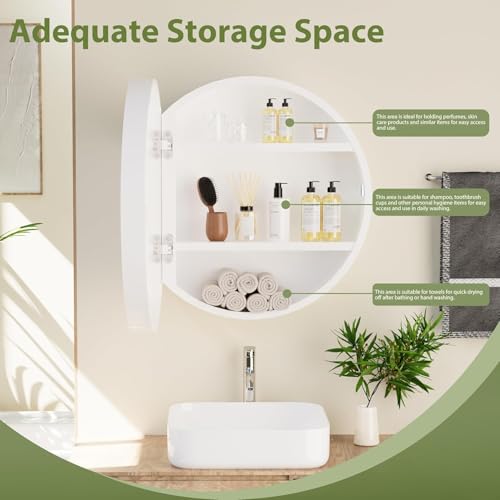 Image of iSTAR 16 Inch Round Wall Mirror with Storage Shelf | Bathroom Vanity Glass with Hidden Storage Cabinet | Wall Mounted Decorative Reflector for Bathroom, Bedroom, Living Room