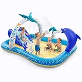 Kiddie Pool with Slide Inflatable Play Center Wading Lounge Kids Pool, Coconut Palm Sprinkler, Water Game Play Center, 95''x75''x40'', White (Blue-White)