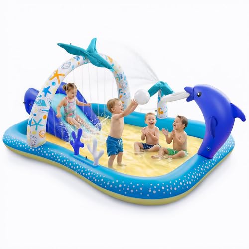 Kiddie Pool with Slide Inflatable Play Center Wading Lounge Kids Pool, Coconut Palm Sprinkler, Water Game Play Center, 95''x75''x40'', White (Blue-White)
