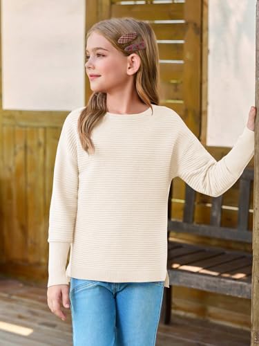 Image of Haloumoning Girls Fall Sweater Kids Ribbed Knit Split Pullover Tops 5-14Y
