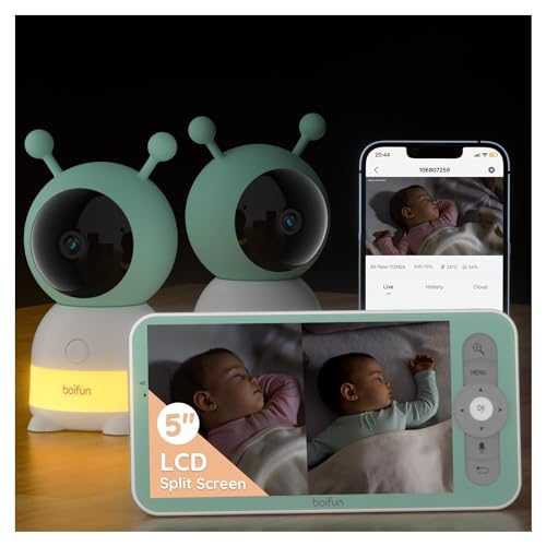 BOIFUN 2K Split-Screen 5 Inch Wi-Fi Baby Monitor With 2 Cameras, Colorful Night Light, AI Motion & Sound & Humidity & Temp Detection, Auto Tracking Via Smartphone App And Monitor Control, Night Vision