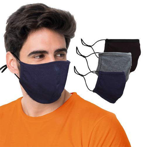 BLU HORN Face Mask from Large to 2XL(X-Large), with nose wire, adjustable loop, breathable (X-Large (Pack of 3), Black-Blue-Gray)