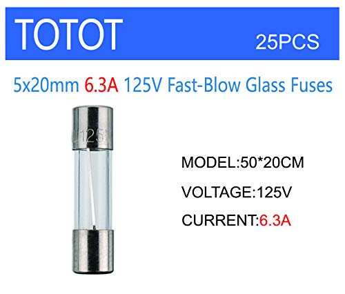 ToToT 25pcs 5x20mm Glass Tube Fuse Tube 6.3A Fast-Blow Glass Safety Tube for Electrical Appliances, Household Appliances, Cars