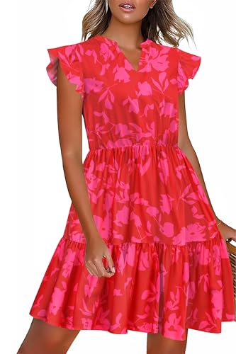 Image of HOTOUCH Women Printed Dress for Summer Short Ruffle Sleeve Dress Tiered Mini Dress with Pockets