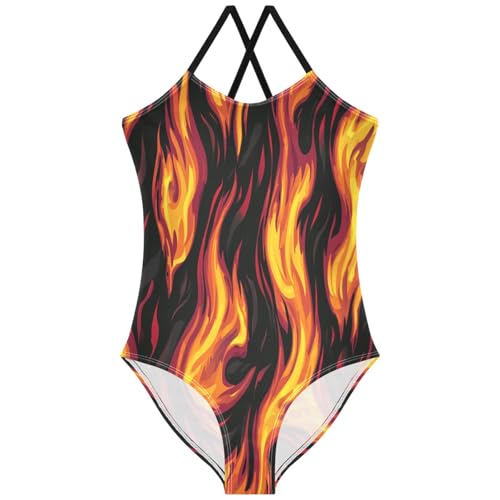 Pigsaly Girls One Piece Swimsuits Fire Flame Pattern Kids Cross Back Swimwear Toddler Beach Sport Bathing Suit 3T
