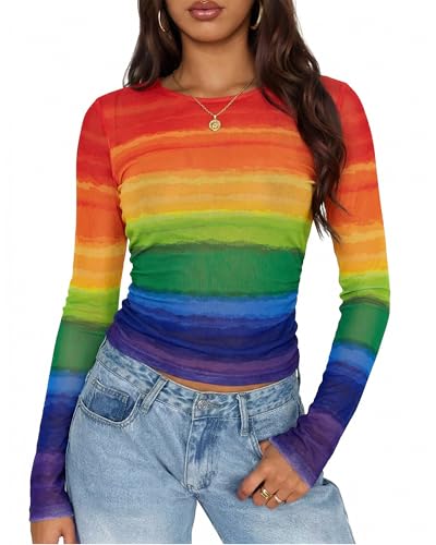 Image of MOUSYA Sheer Tops for Women Mesh Long Sleeve Top See Through Sexy Going Out Tee Summer Crewneck Party Undershirt