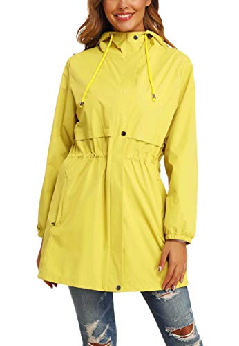 GUANYY Rain Jacket Women Waterproof Hooded Raincoat Active Outdoor Windbreaker Trench Coat (Yellow, Medium)