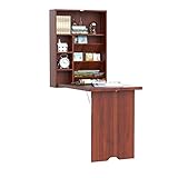 HOMCOM Compact Fold Out Wall Mounted Convertible Desk with Storage, Mahogany