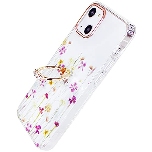 YUYIB iPhone15 ケース リング付き クリア 花柄 かわいい おしゃれ キャラクター 女性人気 耐衝撃 スマホケース 携帯カバー あいふぉん15 用 カバー (iPhone15 6.1", 花柄リング-2)