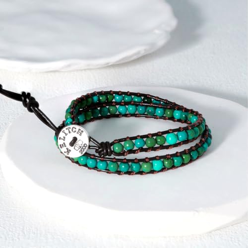 Image of KELITCH Double Wrap Bracelet Women Hand-Braided Turquoise Beads Bracelets Boho Leather Bracelets Bangle