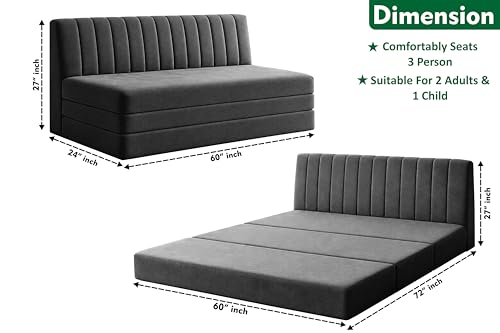Image of 3-Seater Foldable Floor Sofa Bed with, Modern Velvet Fabric Folding Couch for Living Room, Guest Room & Small Spaces-Black