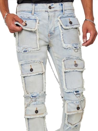 Mens Skinny Jeans Straight Leg Streetwear Multi Pockets Frayed Cargo Stacked Jeans3