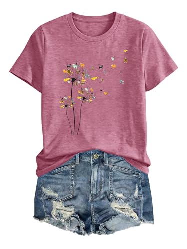 Image of Anbech Womens Dandelion Graphic T-Shirts Teen Girls Cute Sunflower Print Casual Tee Tops