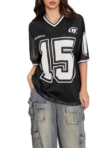 Image of SOLY HUX Jersey Shirts for Women Number Graphic Print V Neck Baggy Tees Hip Hop Streetwear