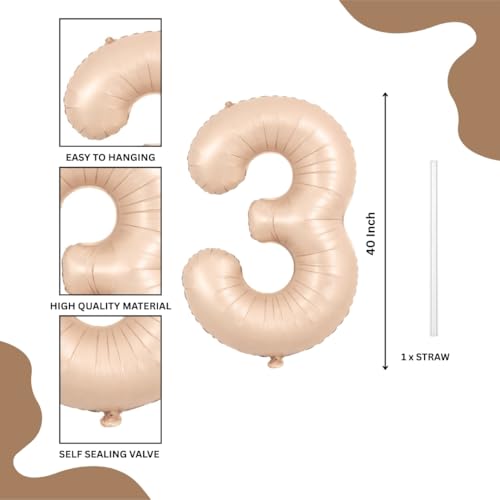 Image of WP WANNA PARTY Number 3 Balloons Retro Apricot Three Birthday Decor Light Brown Balloon For 3Rd, Boy Girl Large 40 Inch Digital Year Old Nude Ballons Neutral Caramel-Aluminium 1 Pcs