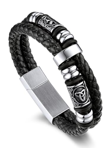 Bandmax Mens Norse Bracelet 8 inch Viking Celtic Knot Beads Bracelets Black Leather Braided Rope Wristband for Men Son Husband Grandson Gift For Fathers Day Birthday Christmas Graduation