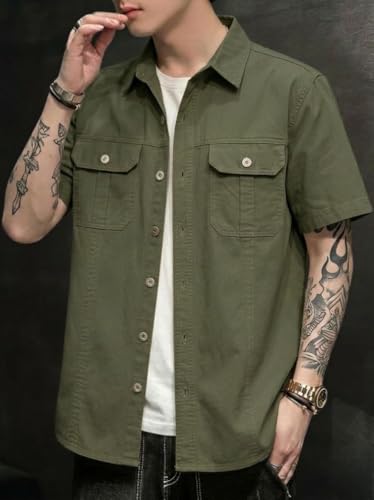 Image of SMOWKLY Men's Casual Solid Printed Cotton Regular Fit Shirt || Half Sleeve, Button Down, Double Front Pocket || Denim Jacket Style Fashionable Western Outfit