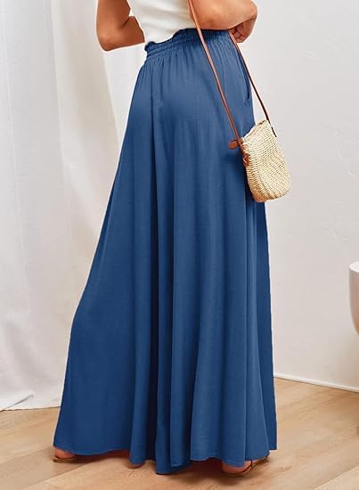 Women's High Waisted Wide Leg Palazzo Pants with Pockets, Flowy Elastic Waist Maxi Pants - Image 4
