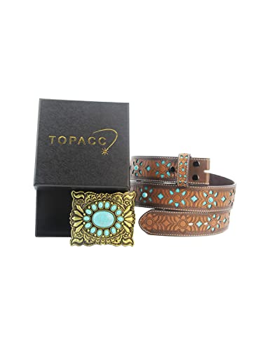Topacc Western Belts For Women Turquoise Cowgirl Cowboy Rodeo Country Tooled Leather Belt Brown Jeans Pants #TOP6