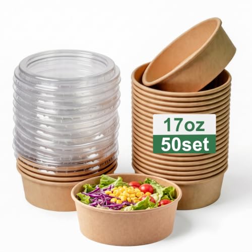 PakTalk 50 Pack Disposable Salad Bowls with Lids, 17oz Round Microwave-Safe Meal Prep Containers for Food Storage, BPA-Free Leakproof Heavy Duty Paper Bowls, Perfect for Parties, Picnics, Takeout