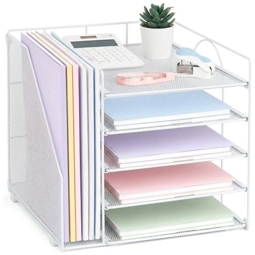 LEKETREE 5-Tier Paper Letter Tray Organizer with File Holder Art Deco Desk Organizer White
