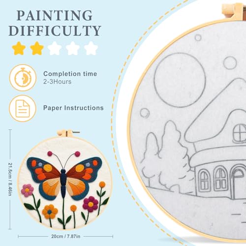 Image of Perycomly Butterfly Needle Felting Kit with Video Tutorial, Needle Felting Set with Needles, Foam Pad, Felt Cloth, Picture Frame, and Instructions