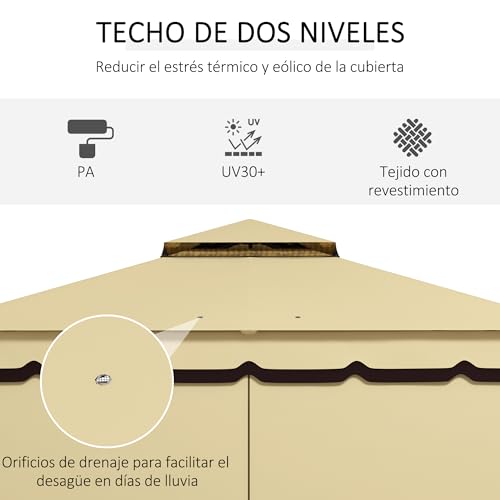 Outsunny Cenador de Jardín 3,7x3 m Gazebo de Exterior con 4 Paredes Laterales 4 Mosquiteras Doble Techo Impermeable y Anti-UV para Terraza Patio Playa Beige - imagen 3