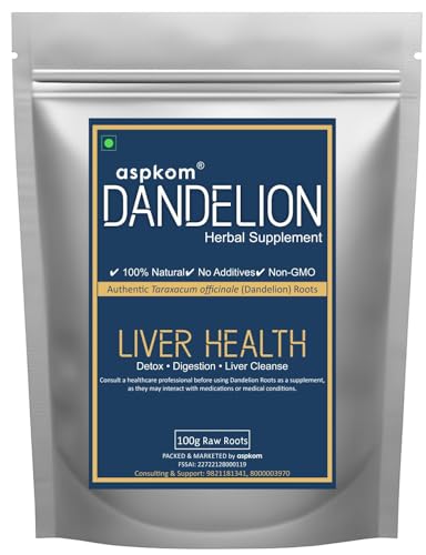 aspkom Dandelion Root Detox Supplement (100g) | Natural Singhpani Jadd | Ayurvedic Liver & Kidney Support | Organic Herbal Tea for Liver Cleanse, Digestive Health | Vegan, Whole Herbs