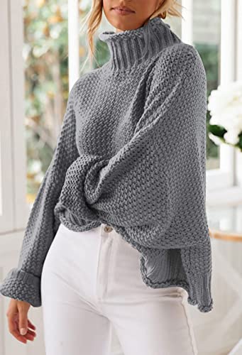 Image of ZESICA Women's Turtleneck Batwing Sleeve Loose Oversized Chunky Knitted Pullover Sweater Jumper Tops,Grey2,XX-Large