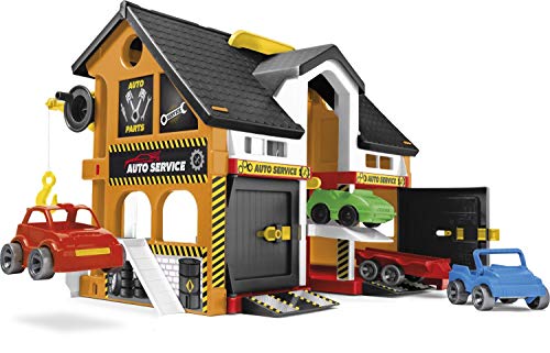 Wader 25470 - Play House Auto-Werkstatt, Spielhaus mit 3 Fahrzeugen, Servicebereich, Hebebühne und Kran, ca. 59 x 15 x…
