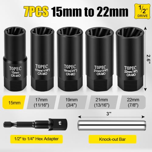 Image of Topec Locking Lug Nut Removal Tool, 7-Piece Wheel Lock Removal Kit | 15,17,19,21,22MM Deep Lug Nut Extractor, 1 /2 inch Drive Stripped Bolt Remover Socket Set