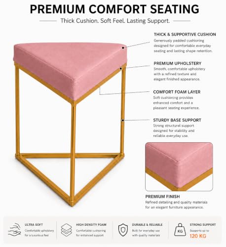Image of Modern Velvet Triangular Vanity Stool with Gold Metal Frame | Upholstered Makeup Chair for Dressing Table | Accent Seating for Bedroom, Living Room & Home Decor-Pink