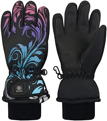 N'Ice Caps Girls Waterproof Thinsulate Fashion Design Winter Snow Ski Gloves (Black Scroll Print, 9-10 Years)