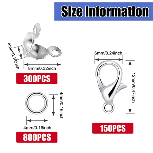 1250 Pieces Jewelry Making Accessories Set Includes 800 Pieces Open Jump Ring Connectors 300 Pieces Bead Tips Knot Covers and 150 Pieces Lobster Claw Clasps for DIY Jewelry Crafts Making (Silver)