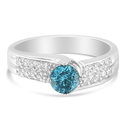 Original Classics 14K White Gold White and Blue Round Cut Diamond Ring (1 Cttw, Blue Color, SI1-SI2 Clarity) - Size 6-3/4