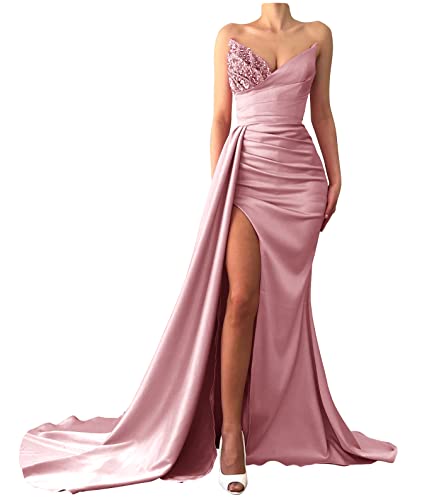 Prom Dresses 2025 Strapless Mermaid Sequin Beaded Satin Long Slit Evening Gowns for Women Bridesmaid Dresses