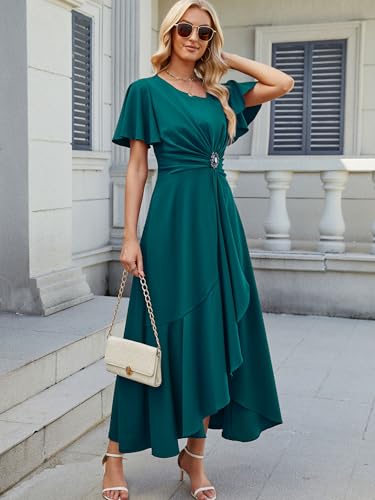 Image of QMZ Wedding Guest Dresses for Women V Neck Cocktail Dress Ruffle Sleeve A Line Evening Party Formal Dresses for Women