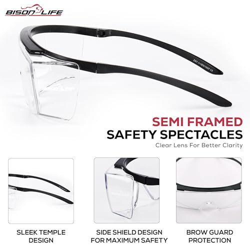 Image of Bison Life VisonSafe Duarte Safety Goggles, Clear Anti-Scratch Anti-Fog Lens with Black Frame, UV400 Impact-Resistant Over-Glasses for Industrial & Laboratory Use - Pack of 1